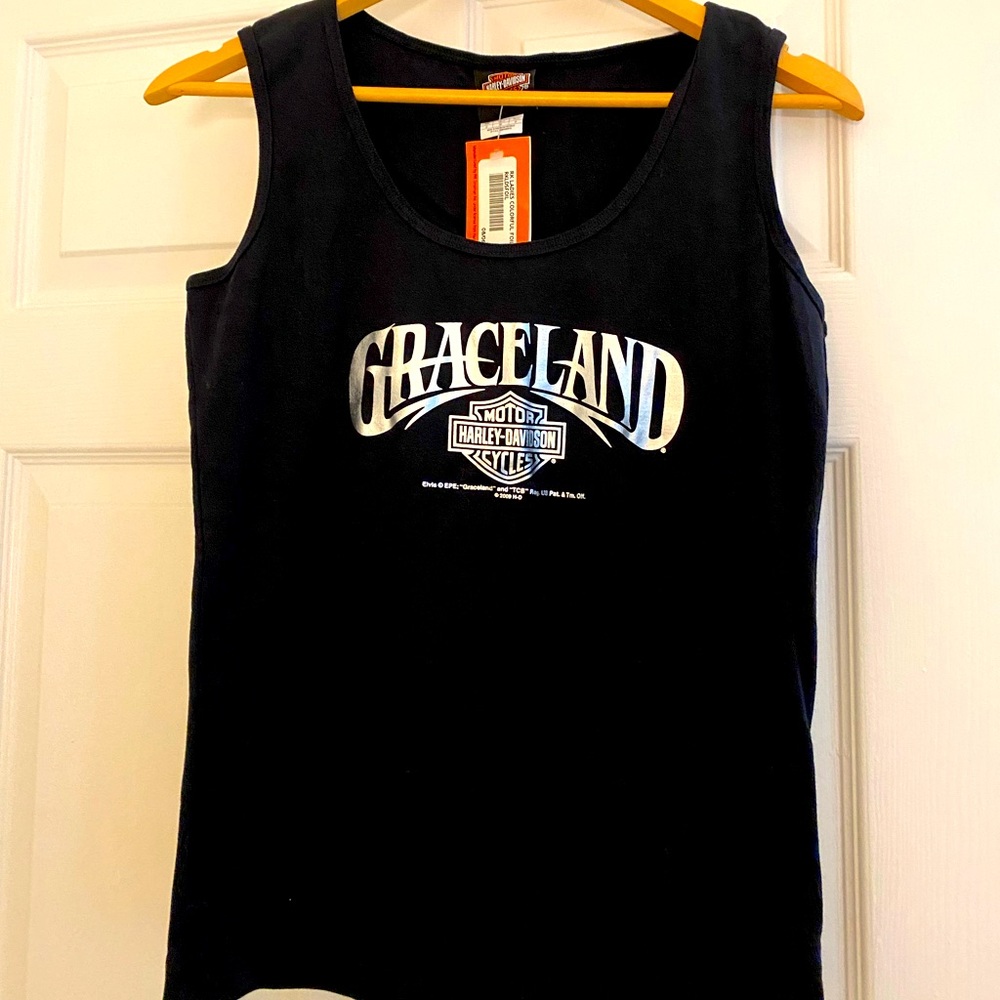 Rare Find GRACELAND HARLEY DAVIDSON black & metallic silver tank top size Mediun
